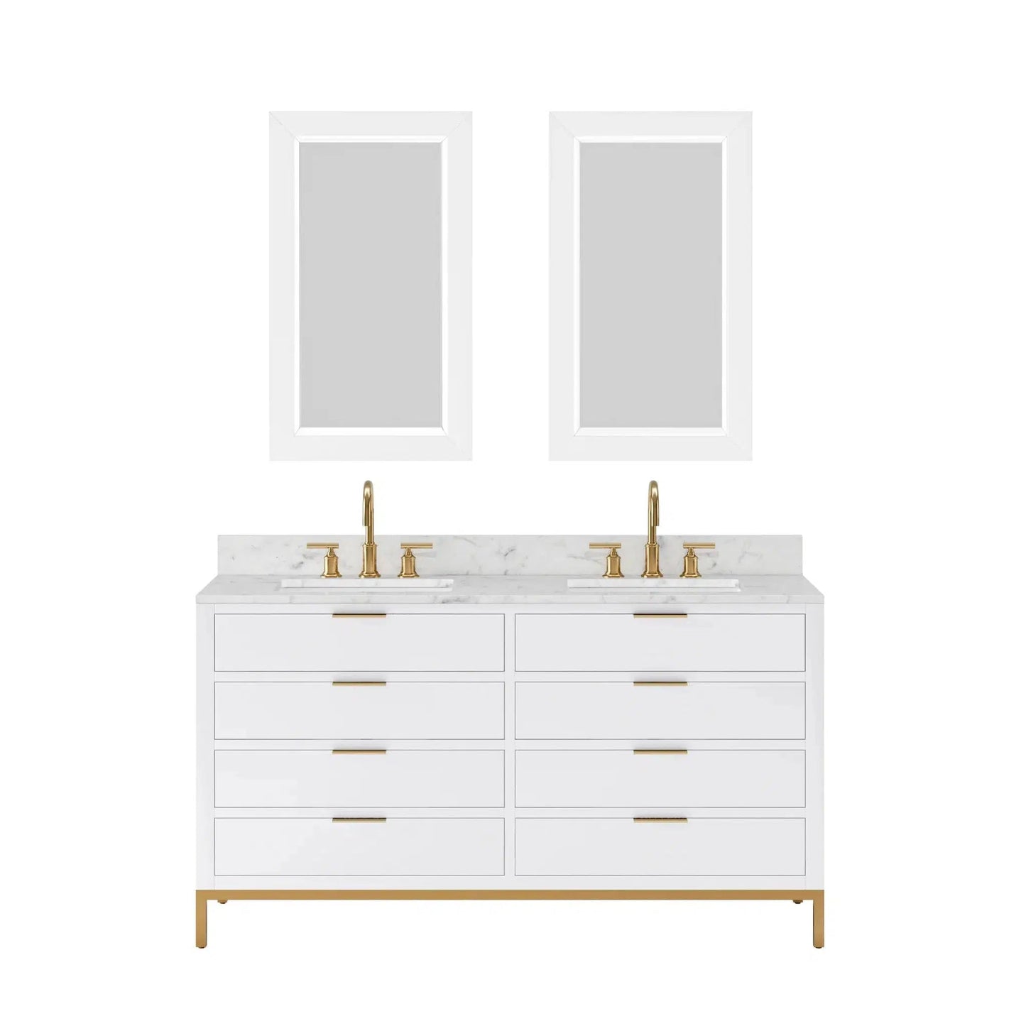 Water Creation Bristol 60" Double Sink Carrara White Marble Countertop Bath Vanity in Pure White with Satin Gold Gooseneck Faucets and Rectangular Mirrors (S)