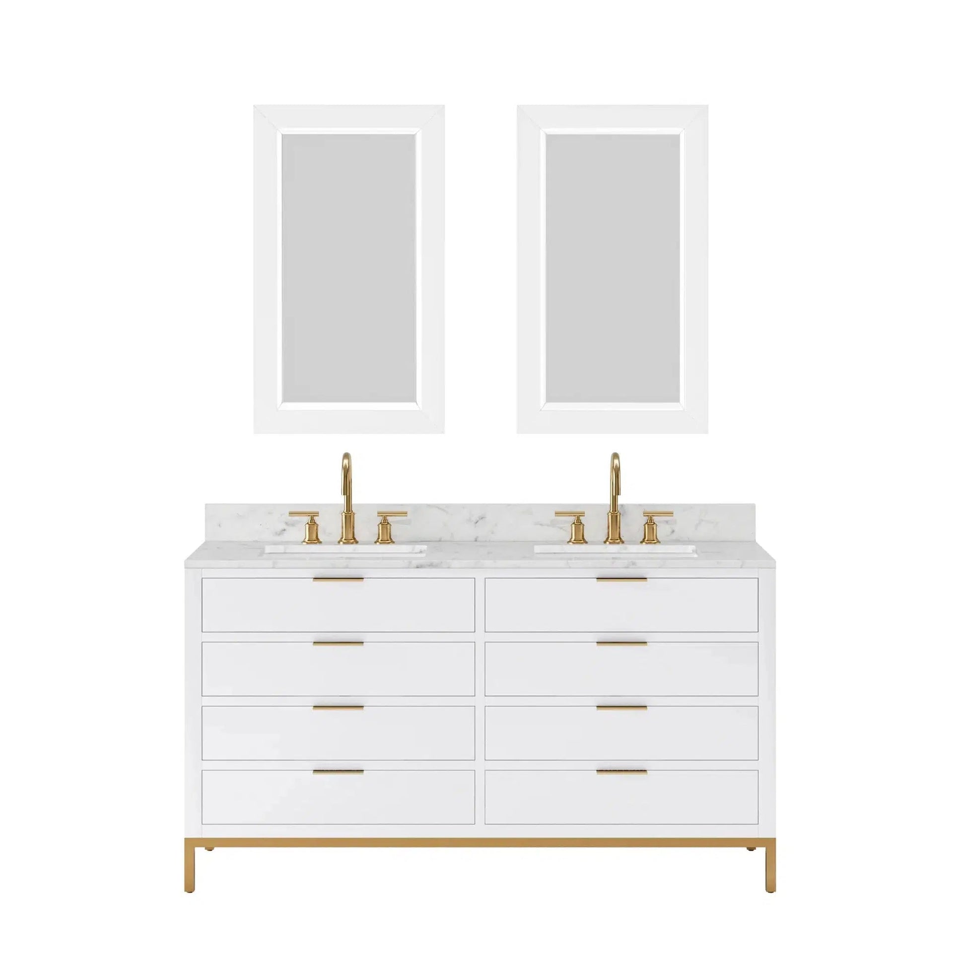 Water Creation Bristol 60" Double Sink Carrara White Marble Countertop Bath Vanity in Pure White with Satin Gold Gooseneck Faucets and Rectangular Mirrors (S)