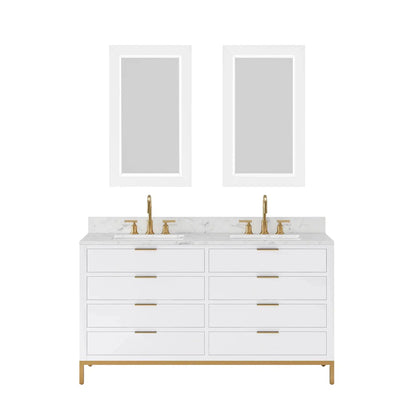 Water Creation Bristol 60" Double Sink Carrara White Marble Countertop Bath Vanity in Pure White with Satin Gold Gooseneck Faucets and Rectangular Mirrors (S)