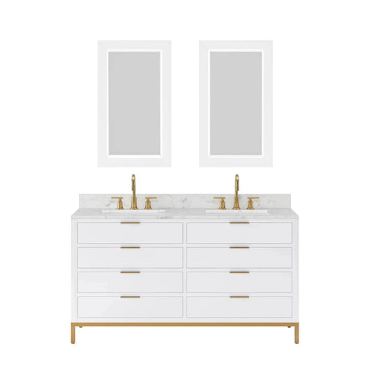 Water Creation Bristol 60" Double Sink Carrara White Marble Countertop Bath Vanity in Pure White with Satin Gold Gooseneck Faucets and Rectangular Mirrors (S)