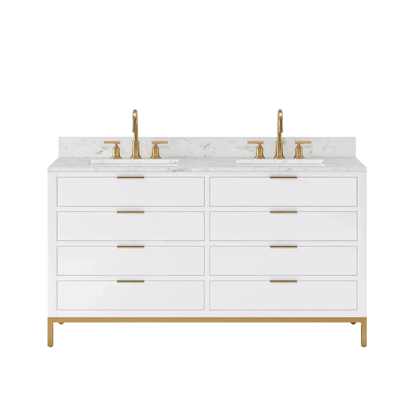 Water Creation Bristol 60'' Double Sink Carrara White Marble Countertop Bath Vanity in Pure White with Satin Gold Gooseneck Faucets