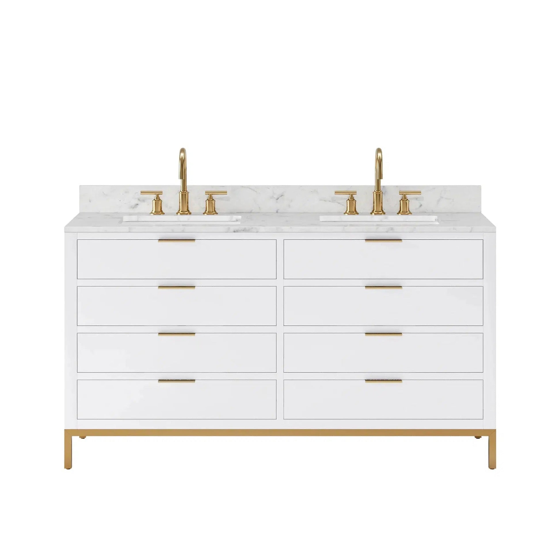 Water Creation Bristol 60'' Double Sink Carrara White Marble Countertop Bath Vanity in Pure White with Satin Gold Gooseneck Faucets