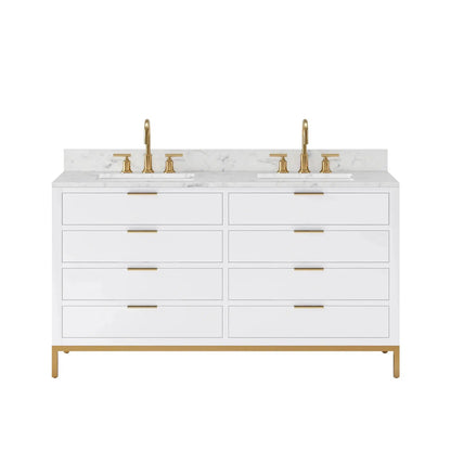 Water Creation Bristol 60'' Double Sink Carrara White Marble Countertop Bath Vanity in Pure White with Satin Gold Gooseneck Faucets
