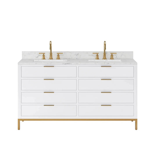 Water Creation Bristol 60'' Double Sink Carrara White Marble Countertop Bath Vanity in Pure White with Satin Gold Gooseneck Faucets