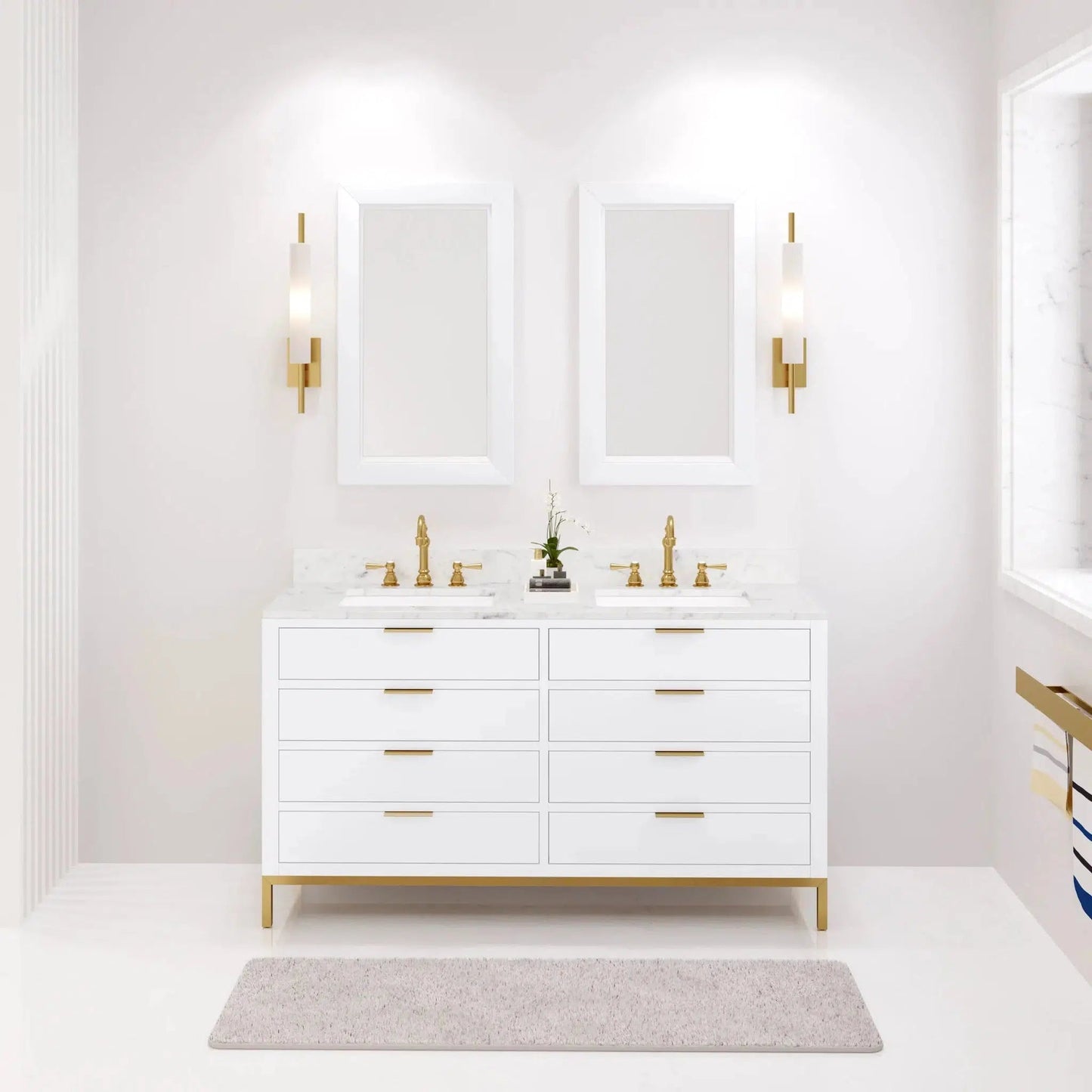 Water Creation Bristol 60'' Double Sink Carrara White Marble Countertop Bath Vanity in Pure White with Satin Gold Hook Faucets