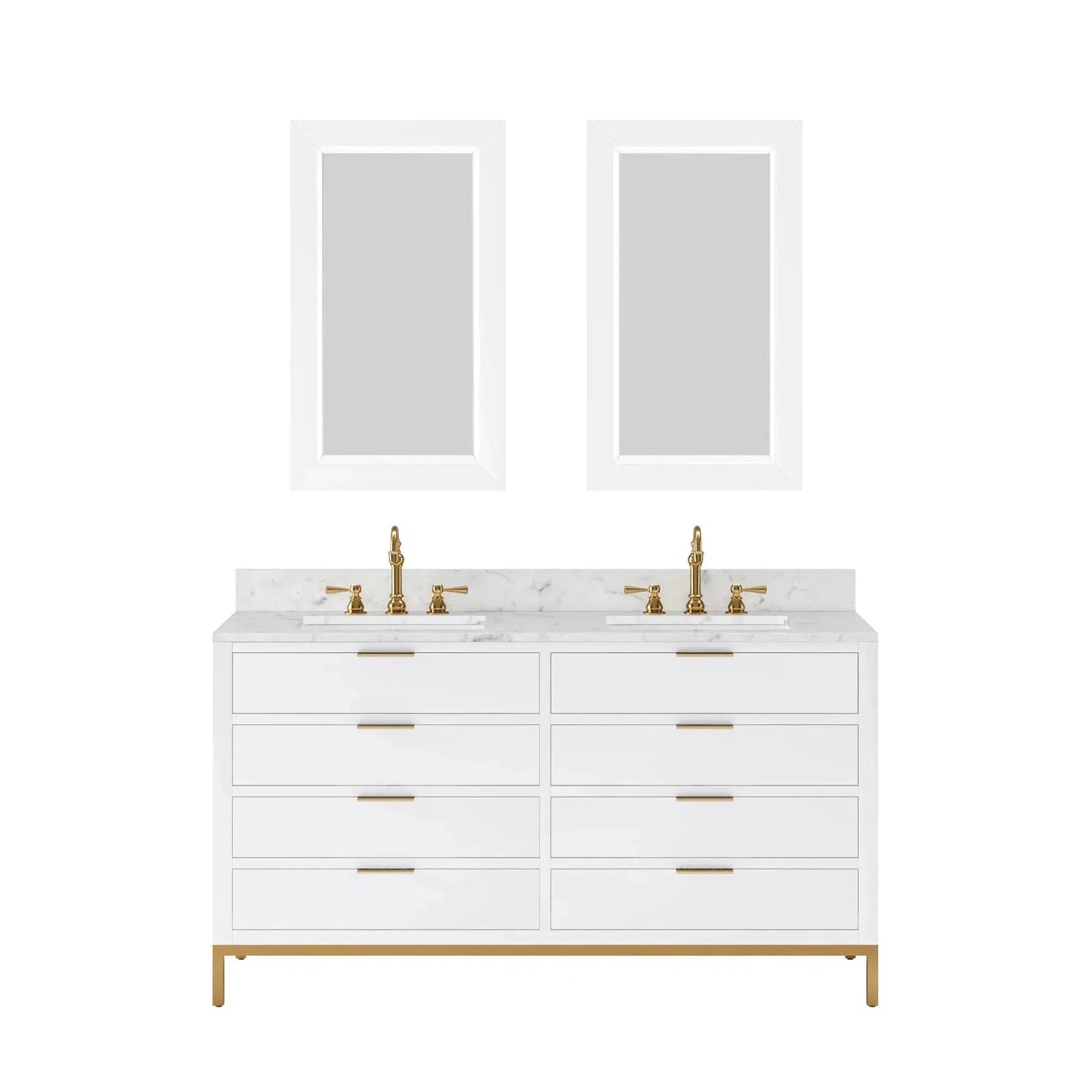 Water Creation Bristol 60'' Double Sink Carrara White Marble Countertop Bath Vanity in Pure White with Satin Gold Hook Faucets and Rectangular Mirrors (S)