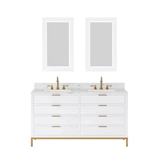 Water Creation Bristol 60'' Double Sink Carrara White Marble Countertop Bath Vanity in Pure White with Satin Gold Hook Faucets and Rectangular Mirrors (S)
