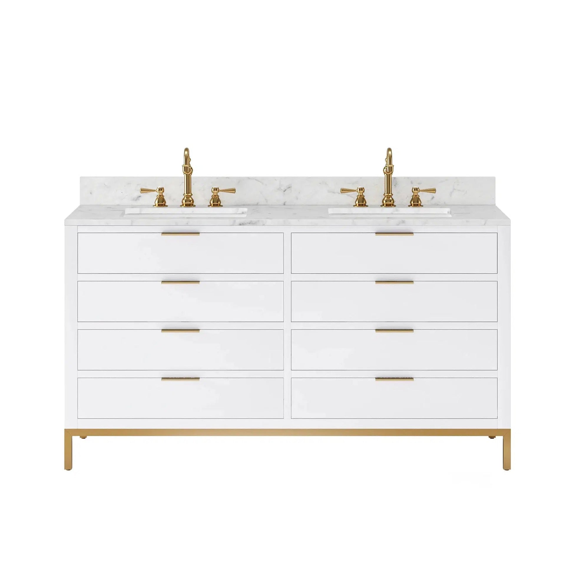Water Creation Bristol 60'' Double Sink Carrara White Marble Countertop Bath Vanity in Pure White with Satin Gold Hook Faucets