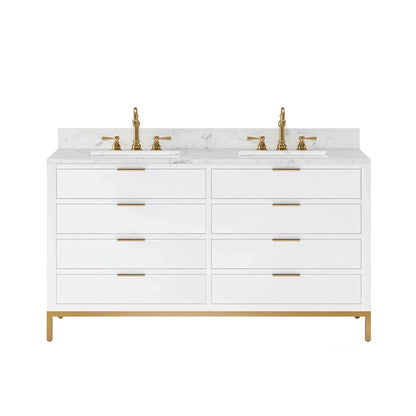 Water Creation Bristol 60'' Double Sink Carrara White Marble Countertop Bath Vanity in Pure White with Satin Gold Hook Faucets