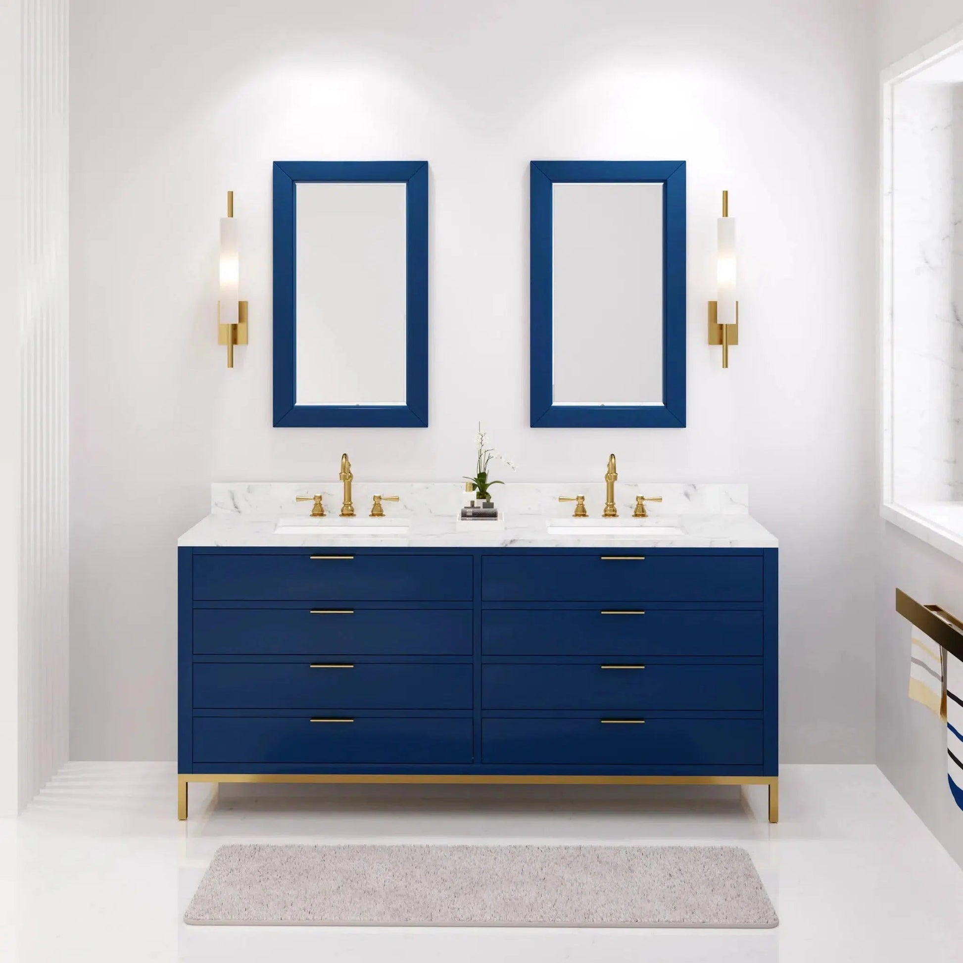 Water Creation Bristol 72" Double Sink Carrara White Marble Countertop Bath Vanity in Monarch Blue with Rectangular Mirrors (S)