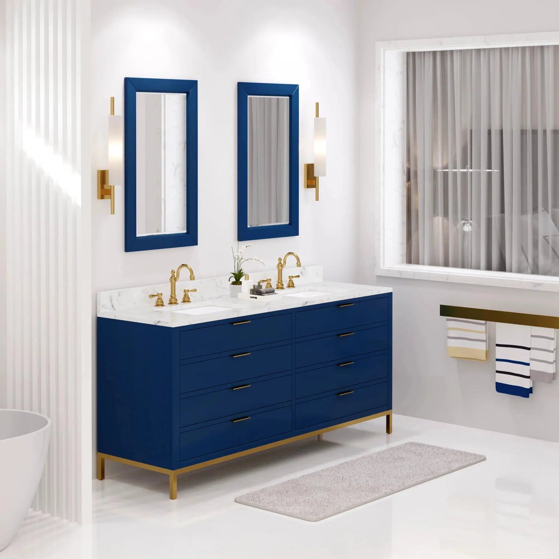 Water Creation Bristol 72" Double Sink Carrara White Marble Countertop Bath Vanity in Monarch Blue with Rectangular Mirrors (S)