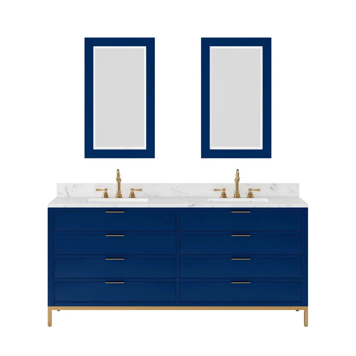 Water Creation Bristol 72" Double Sink Carrara White Marble Countertop Bath Vanity in Monarch Blue with Rectangular Mirrors (S)