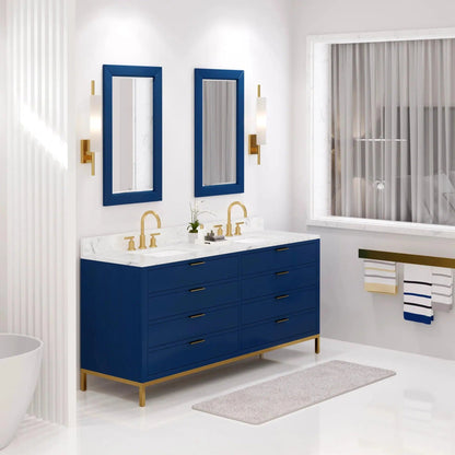 Water Creation Bristol 72" Double Sink Carrara White Marble Countertop Bath Vanity in Monarch Blue with Satin Gold Gooseneck Faucets