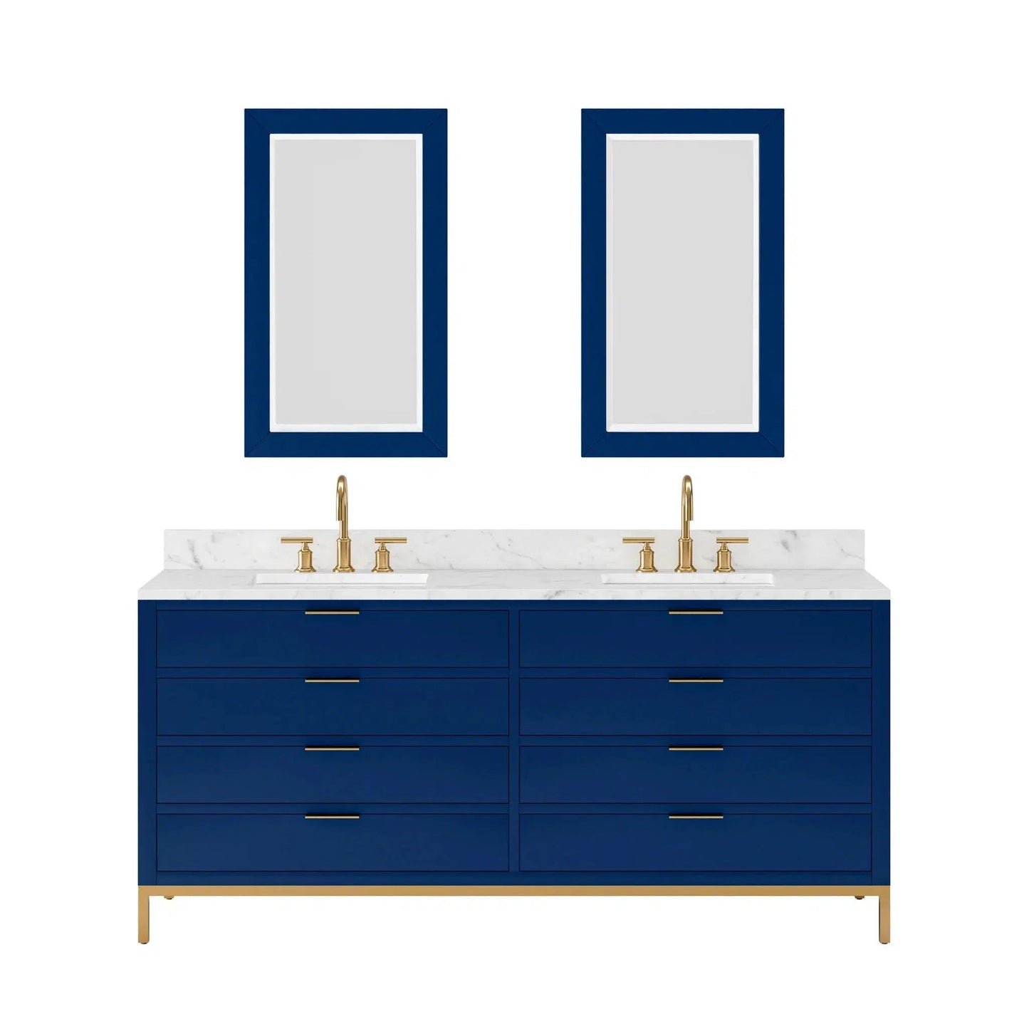 Water Creation Bristol 72'' Double Sink Carrara White Marble Countertop Bath Vanity in Monarch Blue with Satin Gold Gooseneck Faucets and Rectangular Mirrors (S)