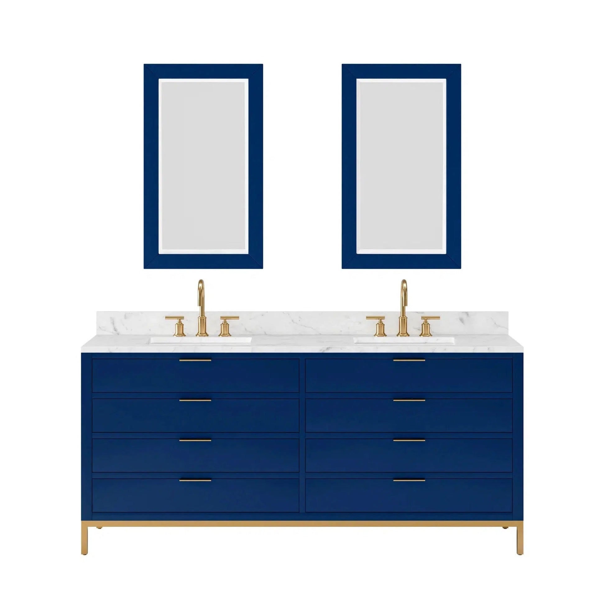Water Creation Bristol 72'' Double Sink Carrara White Marble Countertop Bath Vanity in Monarch Blue with Satin Gold Gooseneck Faucets and Rectangular Mirrors (S)