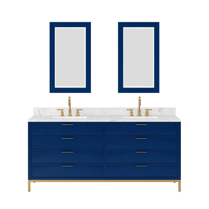 Water Creation Bristol 72'' Double Sink Carrara White Marble Countertop Bath Vanity in Monarch Blue with Satin Gold Gooseneck Faucets and Rectangular Mirrors (S)