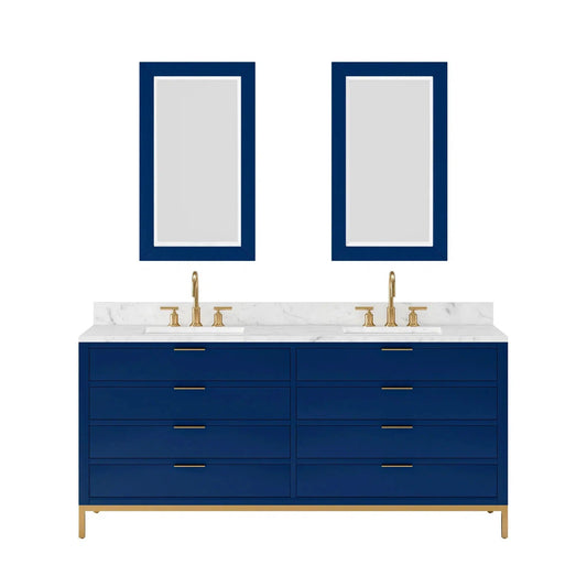 Water Creation Bristol 72'' Double Sink Carrara White Marble Countertop Bath Vanity in Monarch Blue with Satin Gold Gooseneck Faucets and Rectangular Mirrors (S)