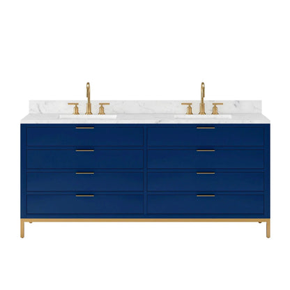 Water Creation Bristol 72" Double Sink Carrara White Marble Countertop Bath Vanity in Monarch Blue with Satin Gold Gooseneck Faucets
