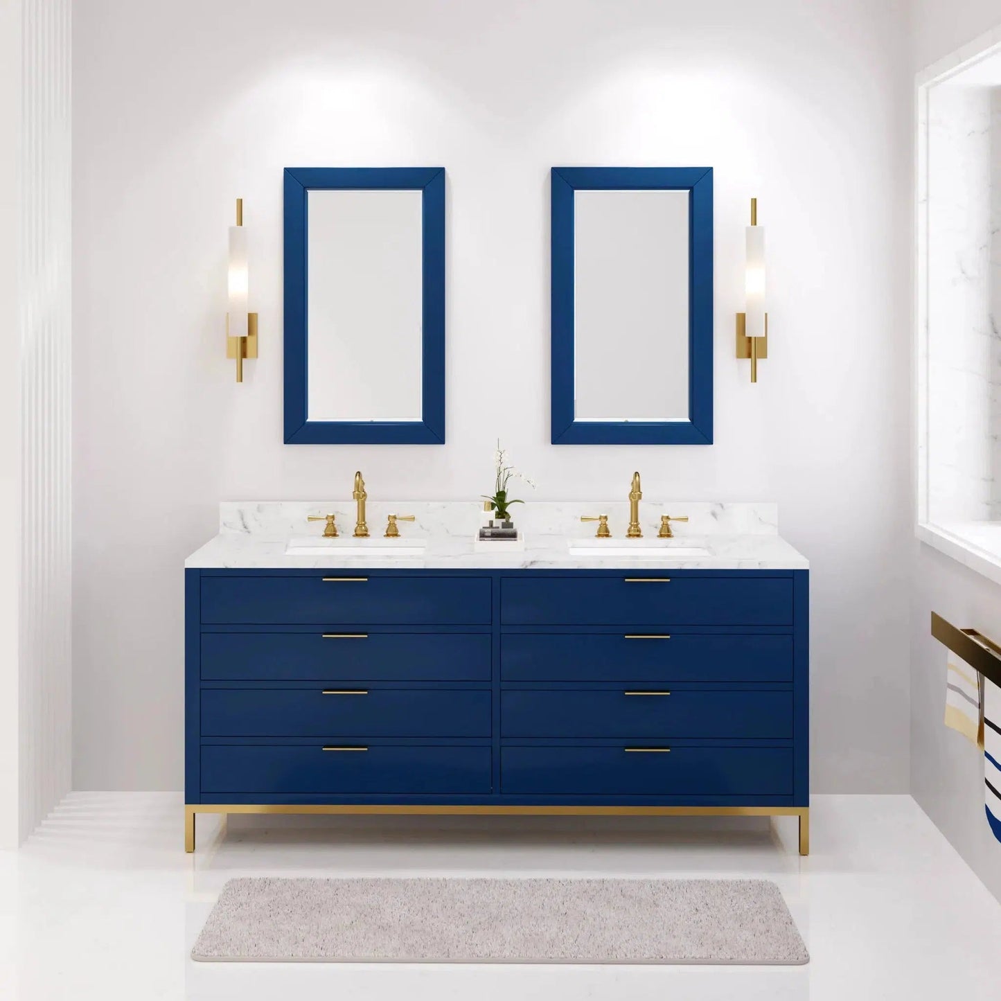 Water Creation Bristol 72" Double Sink Carrara White Marble Countertop Bath Vanity in Monarch Blue with Satin Gold Hook Faucets