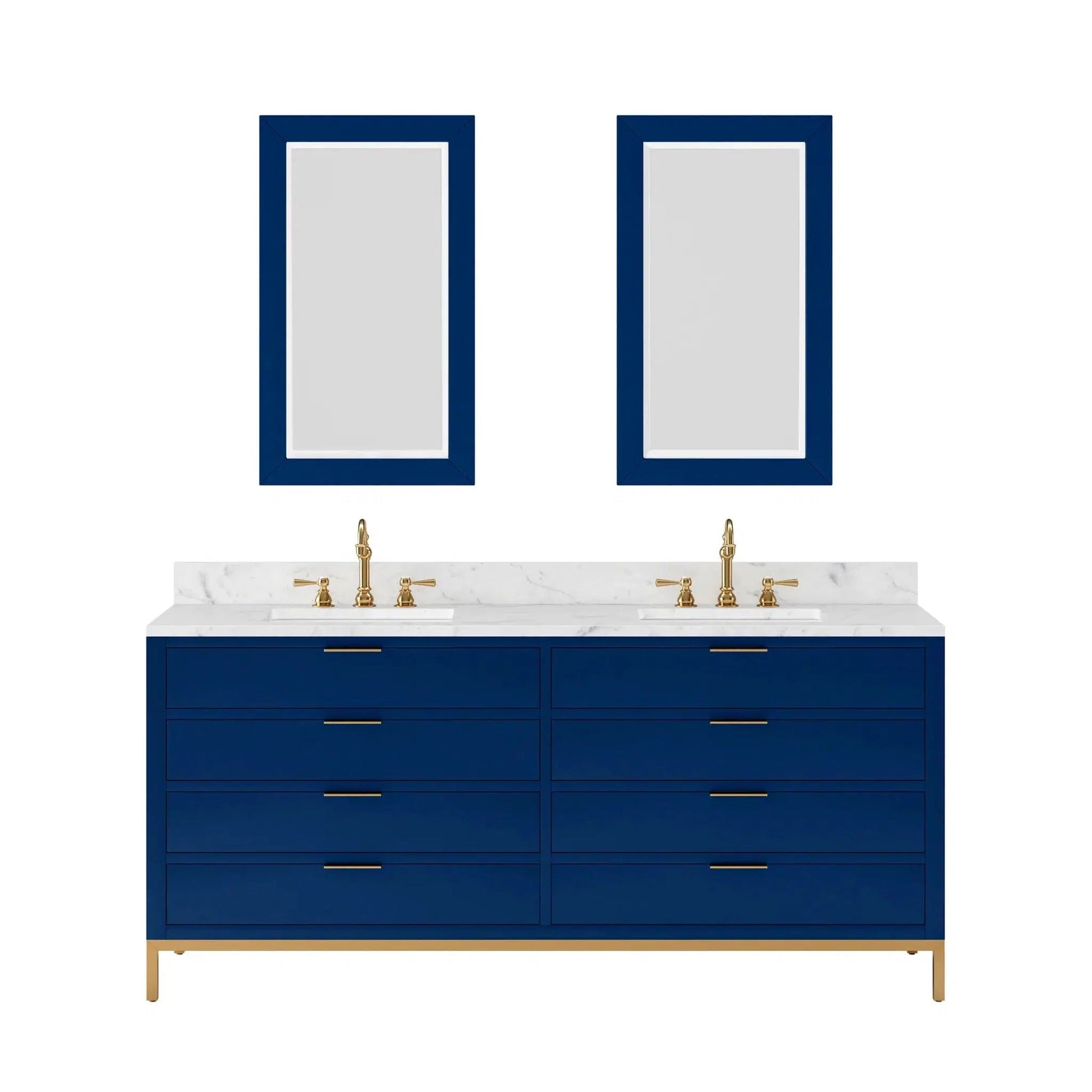 Water Creation Bristol 72'' Double Sink Carrara White Marble Countertop Bath Vanity in Monarch Blue with Satin Gold Hook Faucets and Rectangular Mirrors (S)