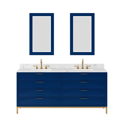 Water Creation Bristol 72'' Double Sink Carrara White Marble Countertop Bath Vanity in Monarch Blue with Satin Gold Hook Faucets and Rectangular Mirrors (S)