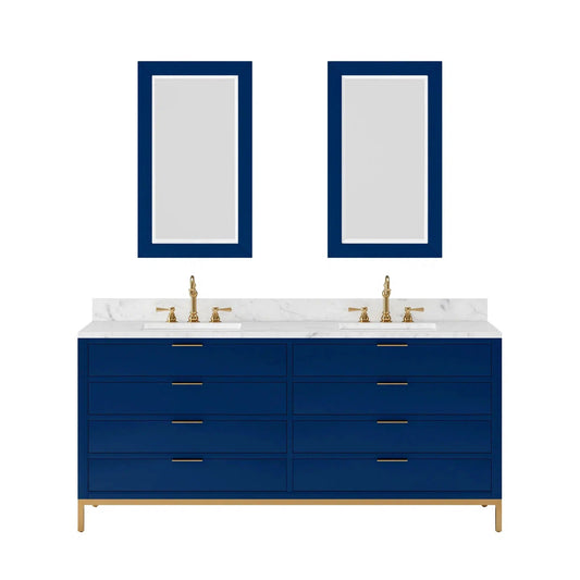 Water Creation Bristol 72'' Double Sink Carrara White Marble Countertop Bath Vanity in Monarch Blue with Satin Gold Hook Faucets and Rectangular Mirrors (S)