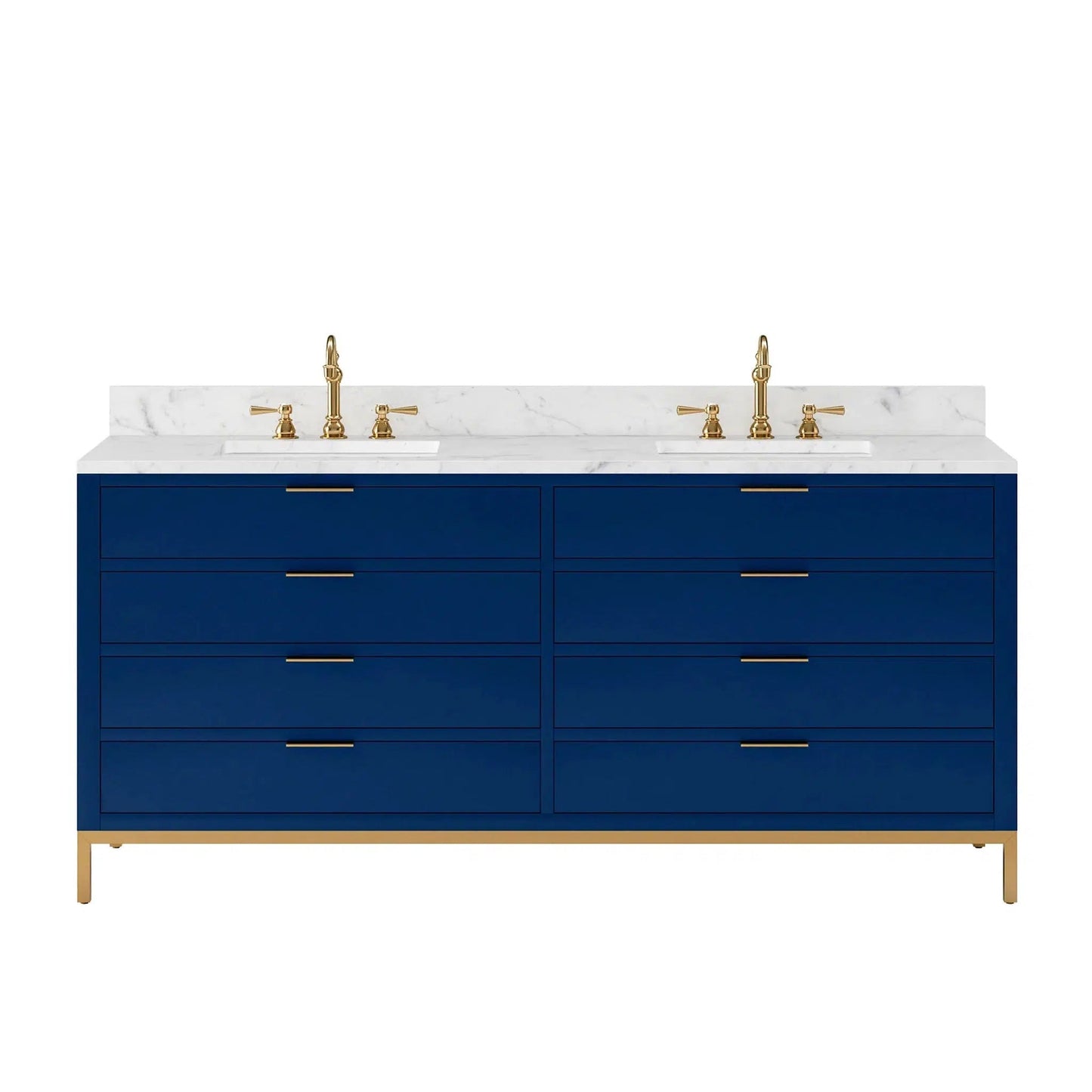 Water Creation Bristol 72" Double Sink Carrara White Marble Countertop Bath Vanity in Monarch Blue with Satin Gold Hook Faucets