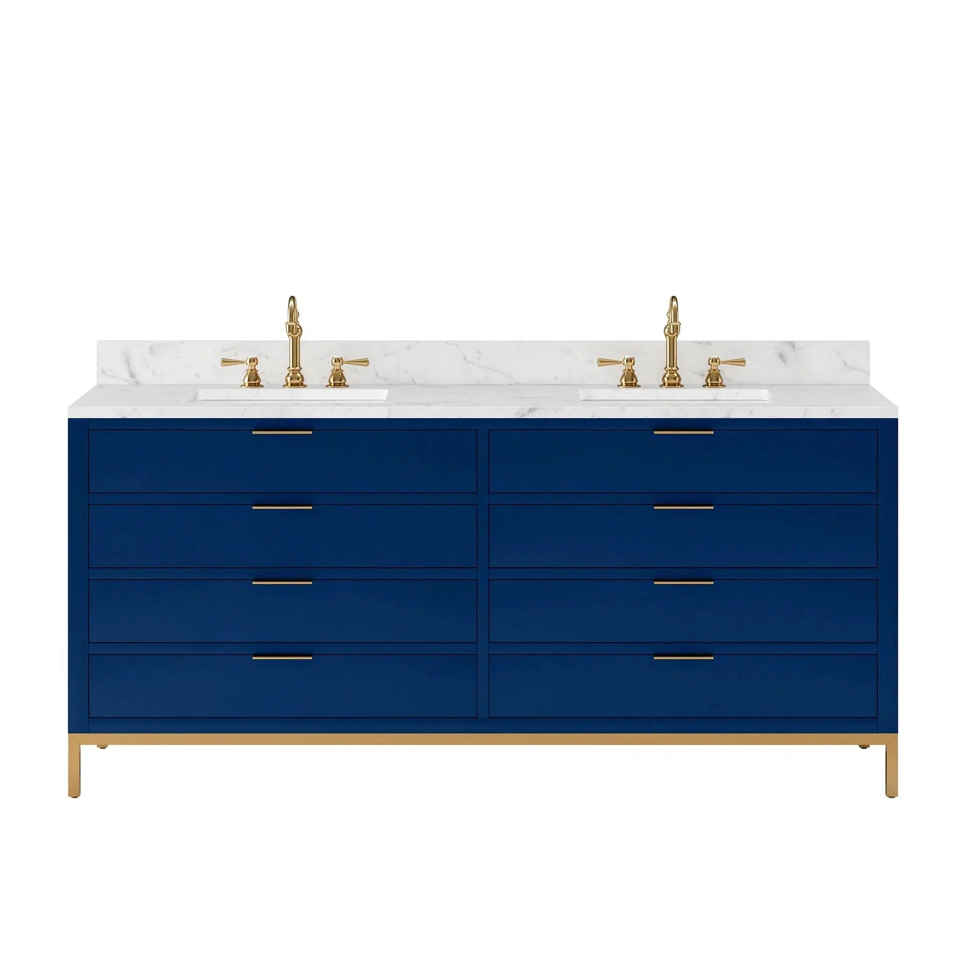 Water Creation Bristol 72" Double Sink Carrara White Marble Countertop Bath Vanity in Monarch Blue with Satin Gold Hook Faucets