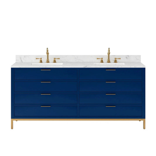 Water Creation Bristol 72" Double Sink Carrara White Marble Countertop Bath Vanity in Monarch Blue with Satin Gold Hook Faucets
