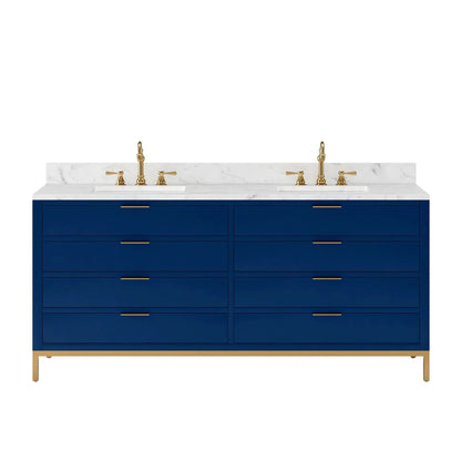 Water Creation Bristol 72" Double Sink Carrara White Marble Countertop Bath Vanity in Monarch Blue