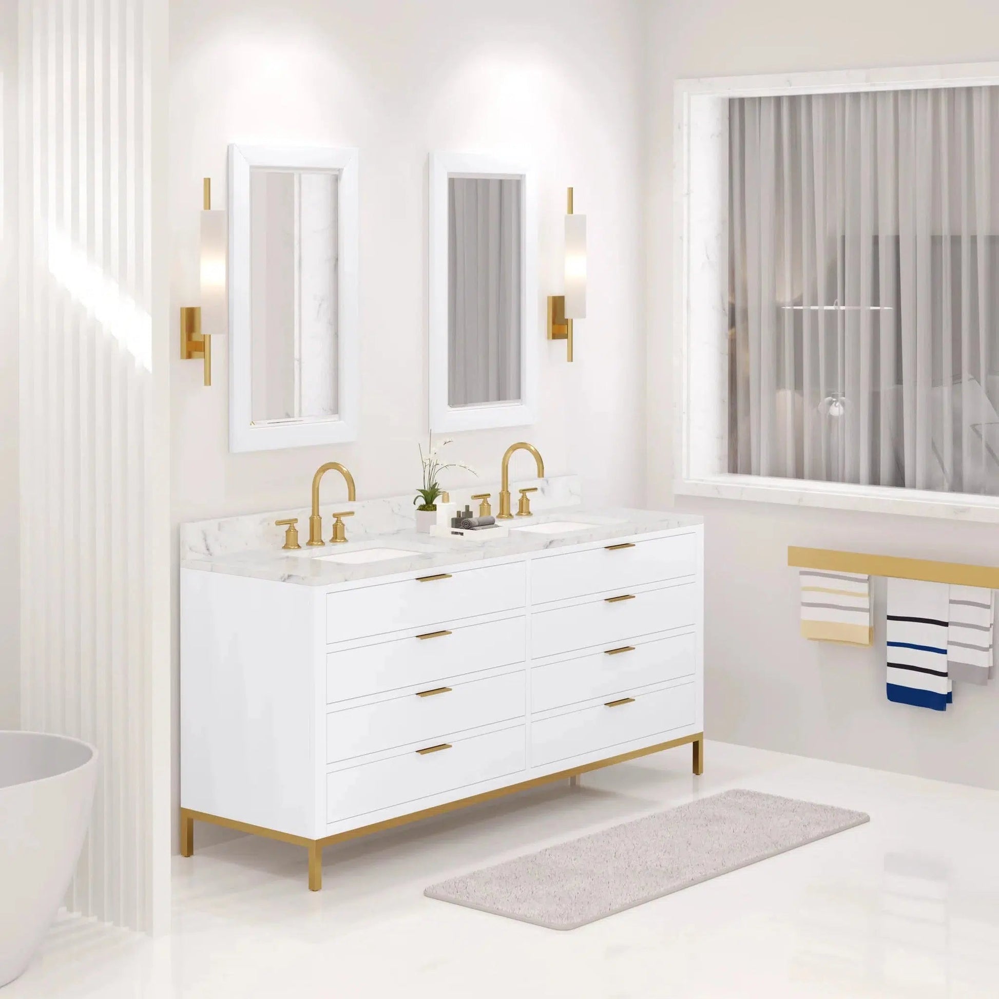 Water Creation Bristol 72" Double Sink Carrara White Marble Countertop Bath Vanity in Pure White