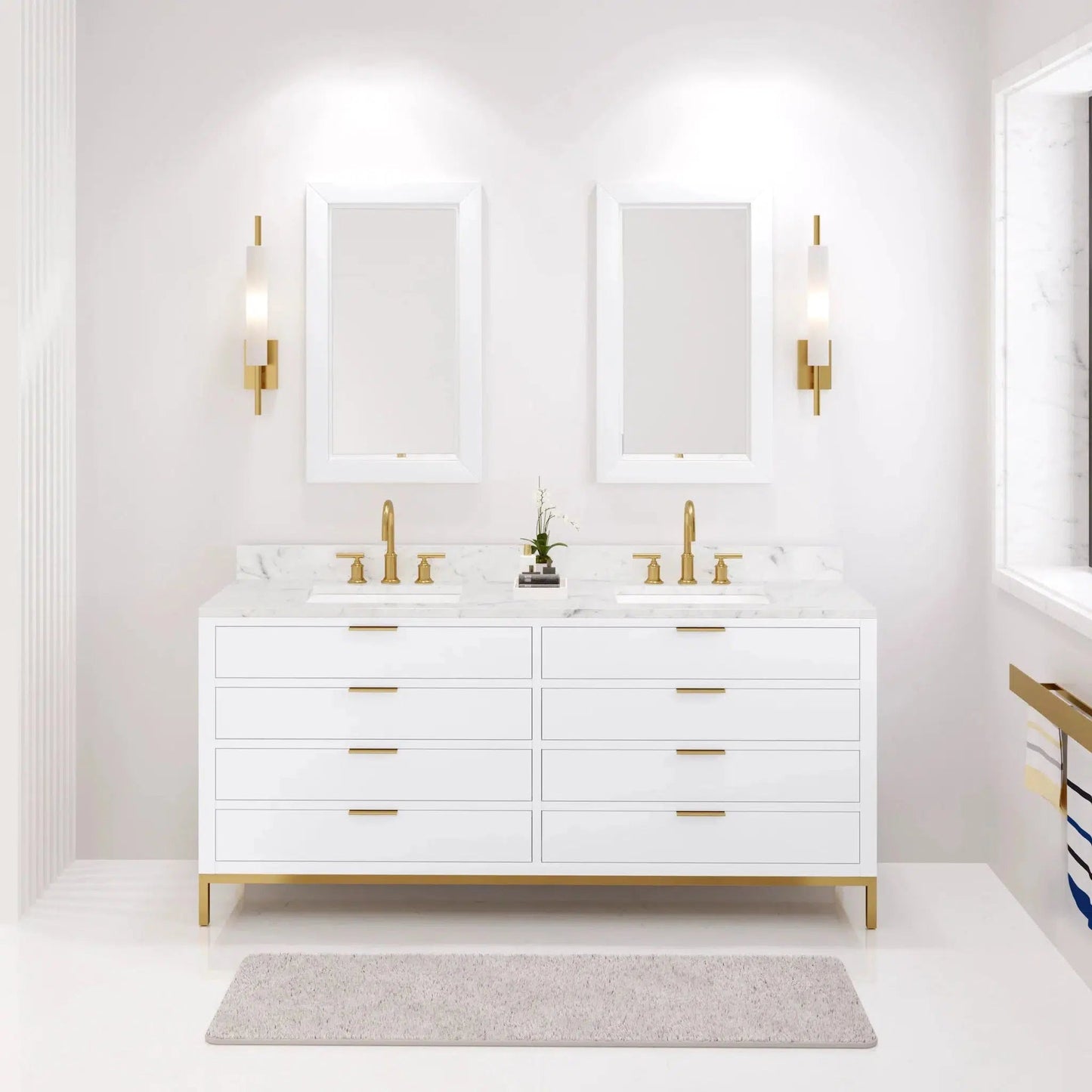 Water Creation Bristol 72" Double Sink Carrara White Marble Countertop Bath Vanity in Pure White