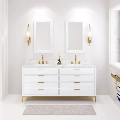 Water Creation Bristol 72" Double Sink Carrara White Marble Countertop Bath Vanity in Pure White