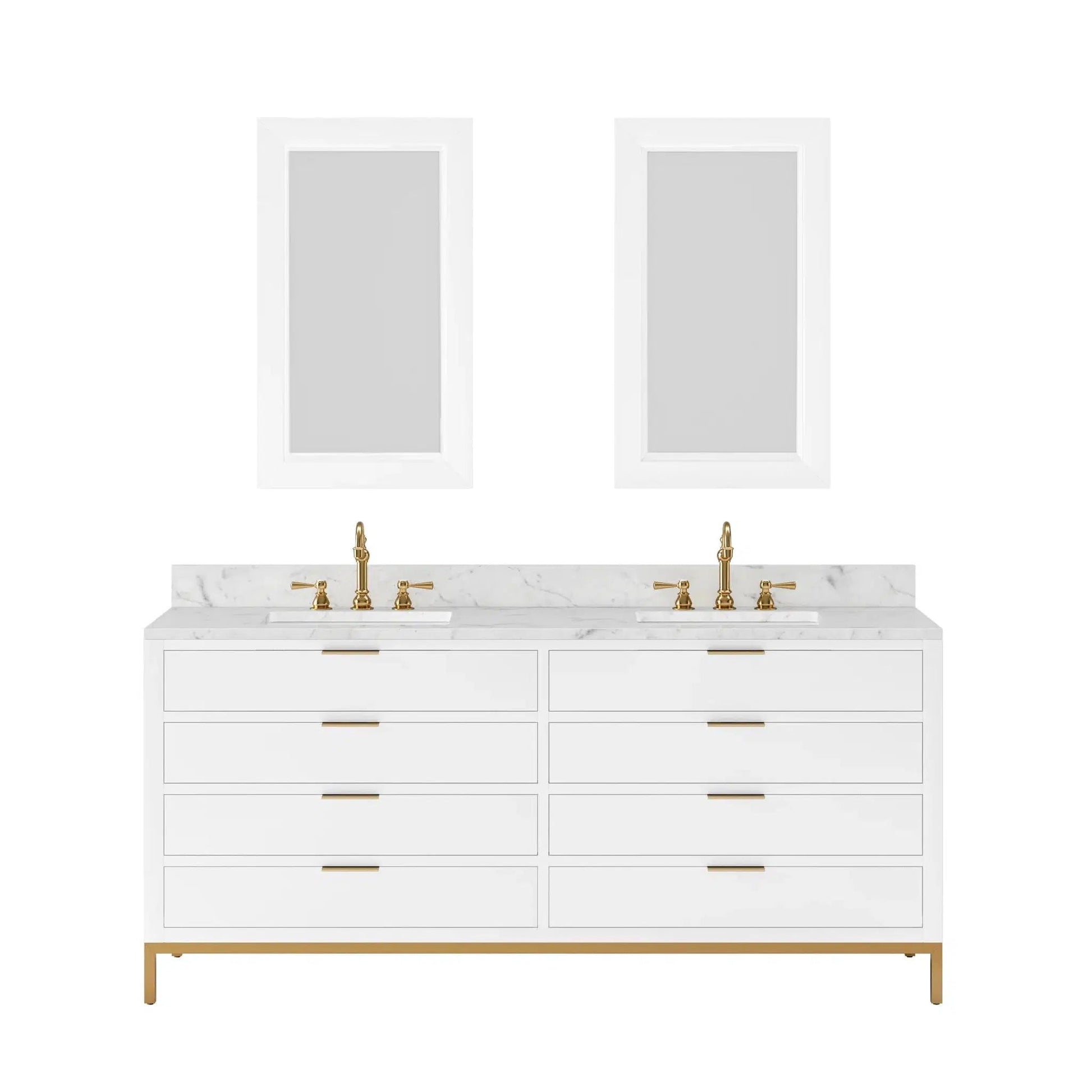 Water Creation Bristol 72" Double Sink Carrara White Marble Countertop Bath Vanity in Pure White with Rectangular Mirrors (S)