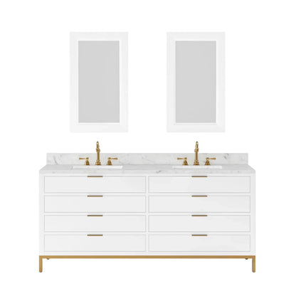 Water Creation Bristol 72" Double Sink Carrara White Marble Countertop Bath Vanity in Pure White with Rectangular Mirrors (S)