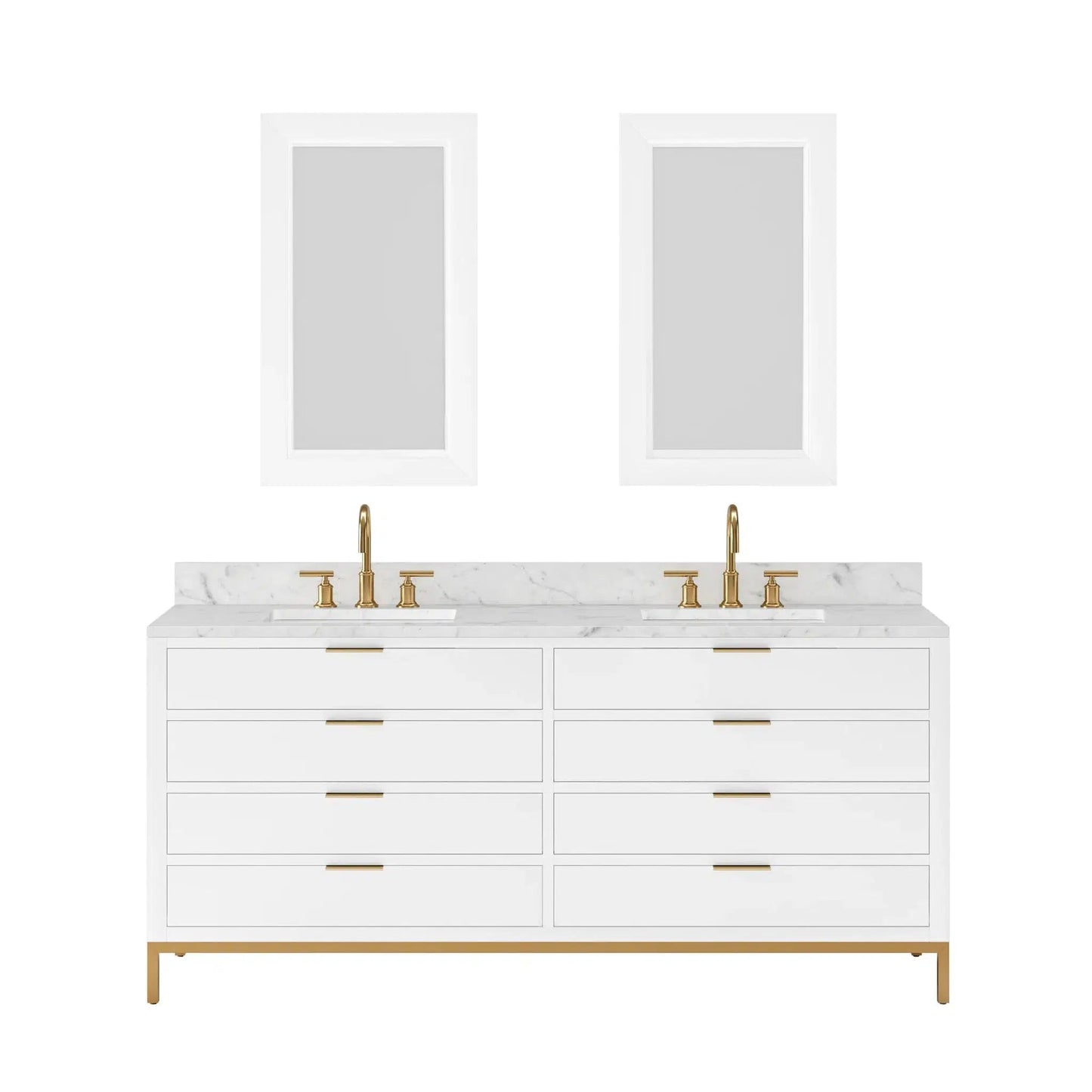 Water Creation Bristol 72'' Double Sink Carrara White Marble Countertop Bath Vanity in Pure White with Satin Gold Gooseneck Faucets and Rectangular Mirrors (S)