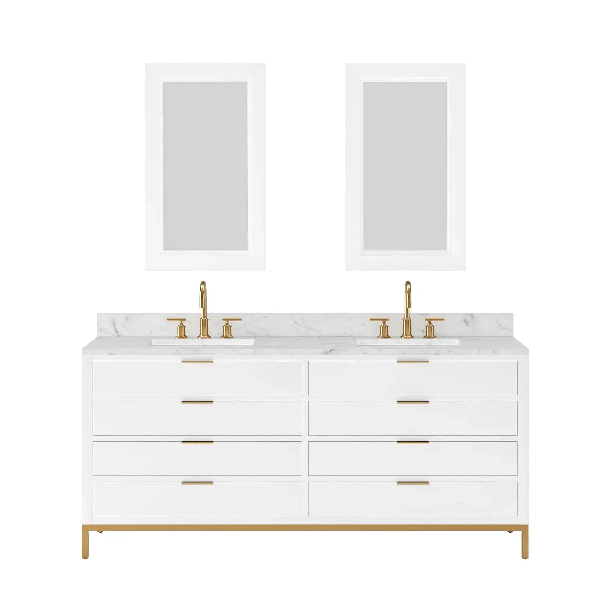 Water Creation Bristol 72'' Double Sink Carrara White Marble Countertop Bath Vanity in Pure White with Satin Gold Gooseneck Faucets and Rectangular Mirrors (S)