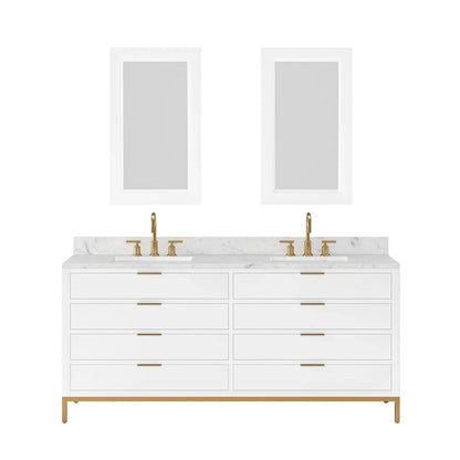 Water Creation Bristol 72'' Double Sink Carrara White Marble Countertop Bath Vanity in Pure White with Satin Gold Gooseneck Faucets and Rectangular Mirrors (S)