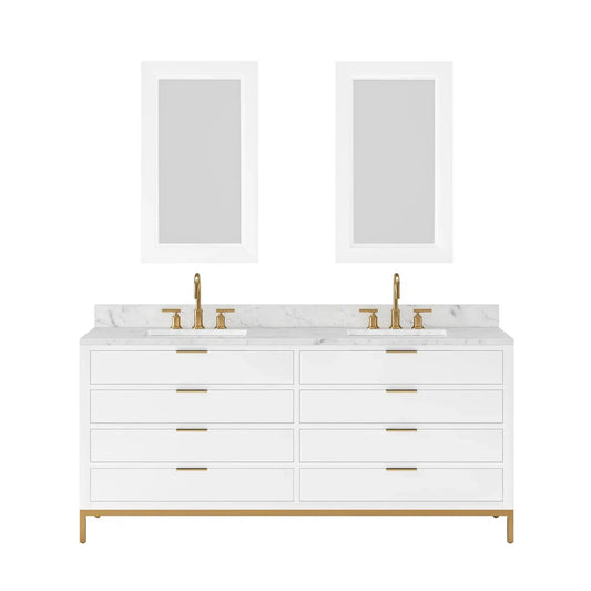Water Creation Bristol 72'' Double Sink Carrara White Marble Countertop Bath Vanity in Pure White with Satin Gold Gooseneck Faucets and Rectangular Mirrors (S)