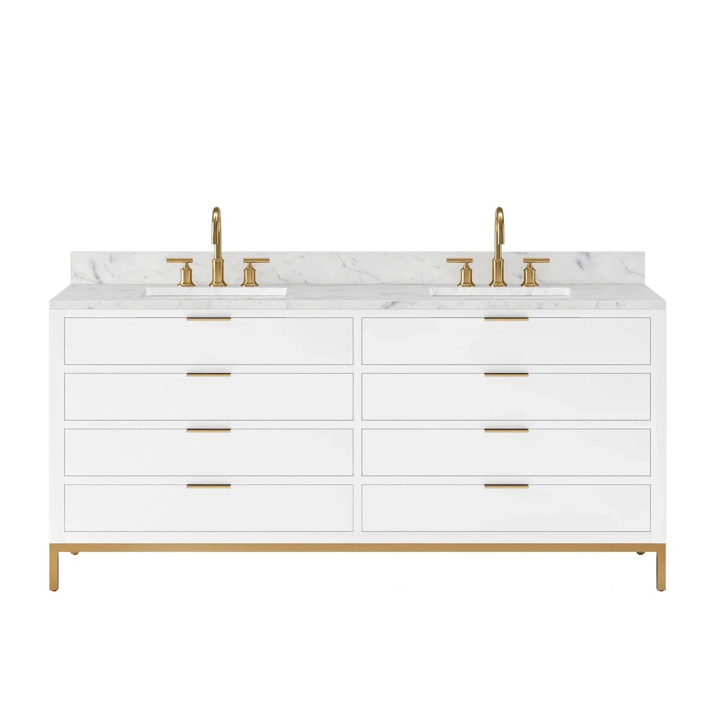 Water Creation Bristol 72'' Double Sink Carrara White Marble Countertop Bath Vanity in Pure White with Satin Gold Gooseneck Faucets
