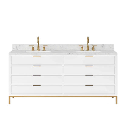 Water Creation Bristol 72'' Double Sink Carrara White Marble Countertop Bath Vanity in Pure White with Satin Gold Gooseneck Faucets