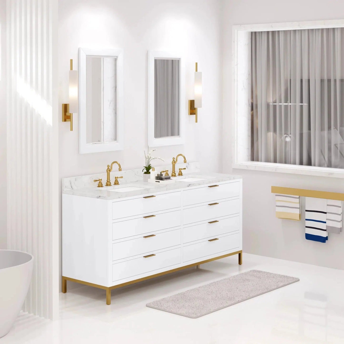 Water Creation Bristol 72'' Double Sink Carrara White Marble Countertop Bath Vanity in Pure White with Satin Gold Hook Faucets and Rectangular Mirrors (S)