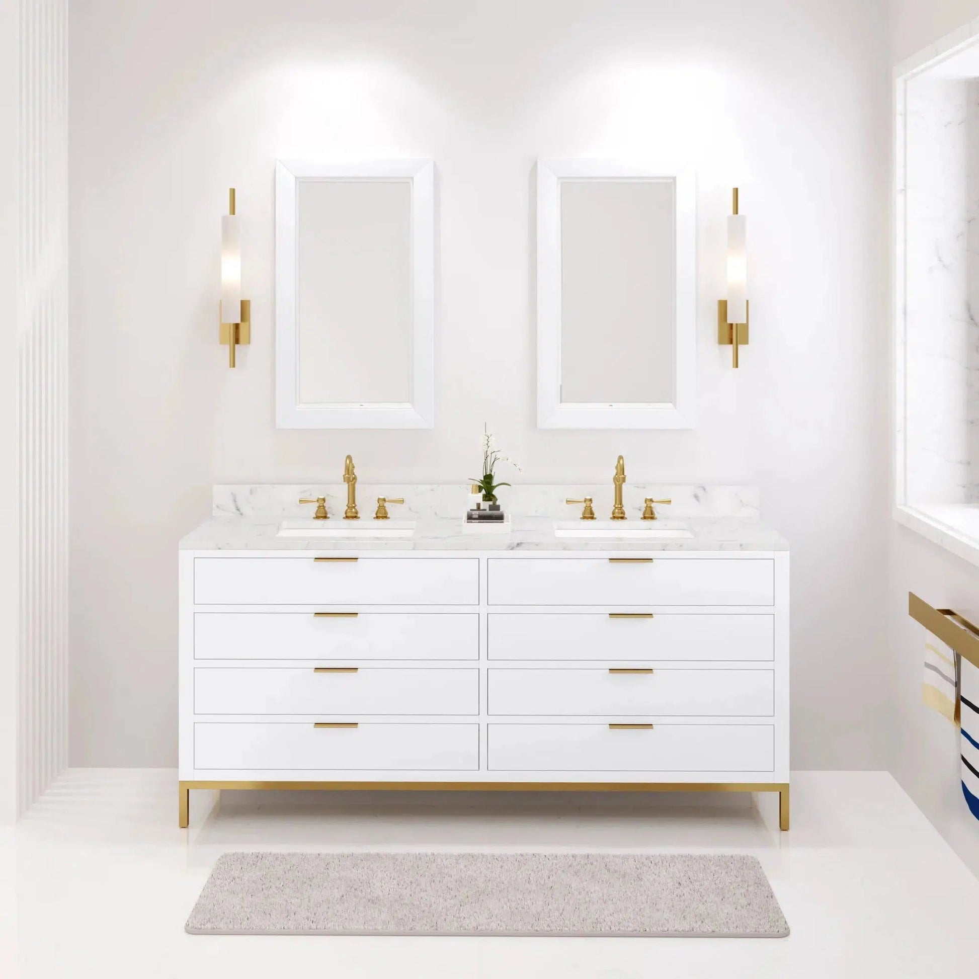 Water Creation Bristol 72'' Double Sink Carrara White Marble Countertop Bath Vanity in Pure White with Satin Gold Hook Faucets and Rectangular Mirrors (S)