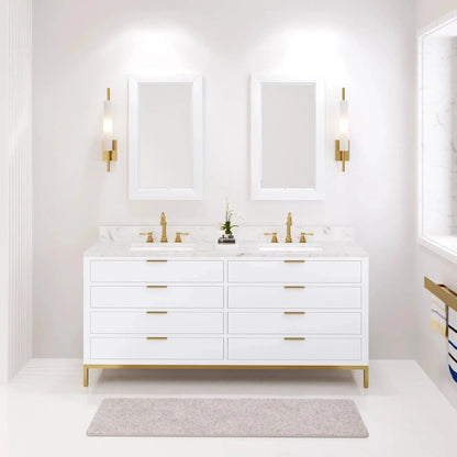 Water Creation Bristol 72'' Double Sink Carrara White Marble Countertop Bath Vanity in Pure White with Satin Gold Hook Faucets and Rectangular Mirrors (S)