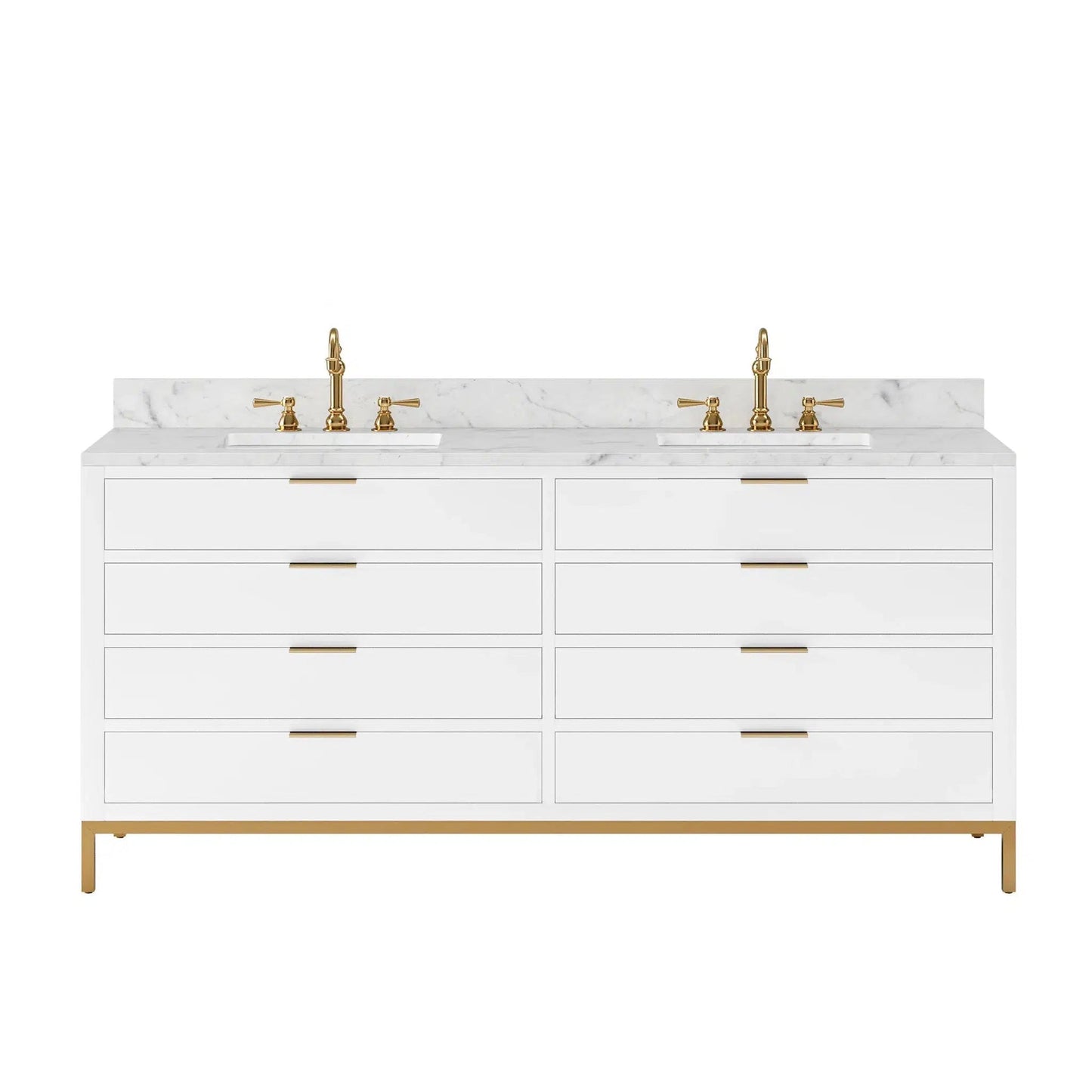 Water Creation Bristol 72" Double Sink Carrara White Marble Countertop Bath Vanity in Pure White with Satin Gold Hook Faucets