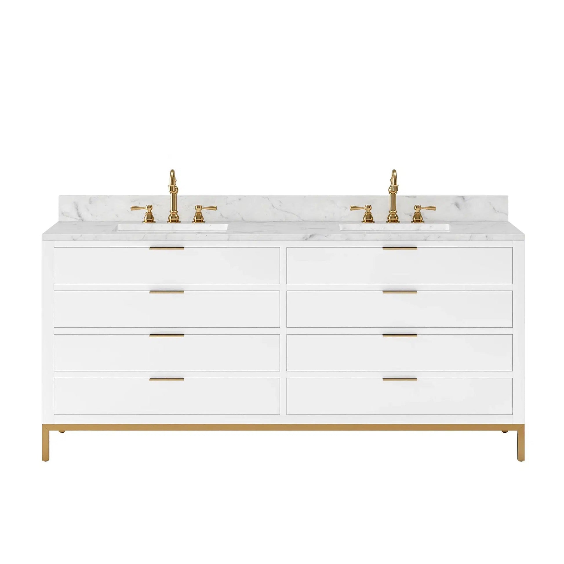 Water Creation Bristol 72" Double Sink Carrara White Marble Countertop Bath Vanity in Pure White with Satin Gold Hook Faucets