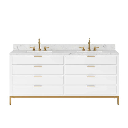Water Creation Bristol 72" Double Sink Carrara White Marble Countertop Bath Vanity in Pure White with Satin Gold Hook Faucets