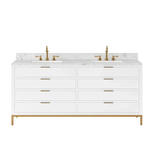 Water Creation Bristol 72" Double Sink Carrara White Marble Countertop Bath Vanity in Pure White with Satin Gold Hook Faucets