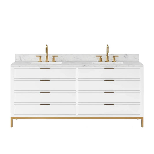 Water Creation Bristol 72" Double Sink Carrara White Marble Countertop Bath Vanity in Pure White