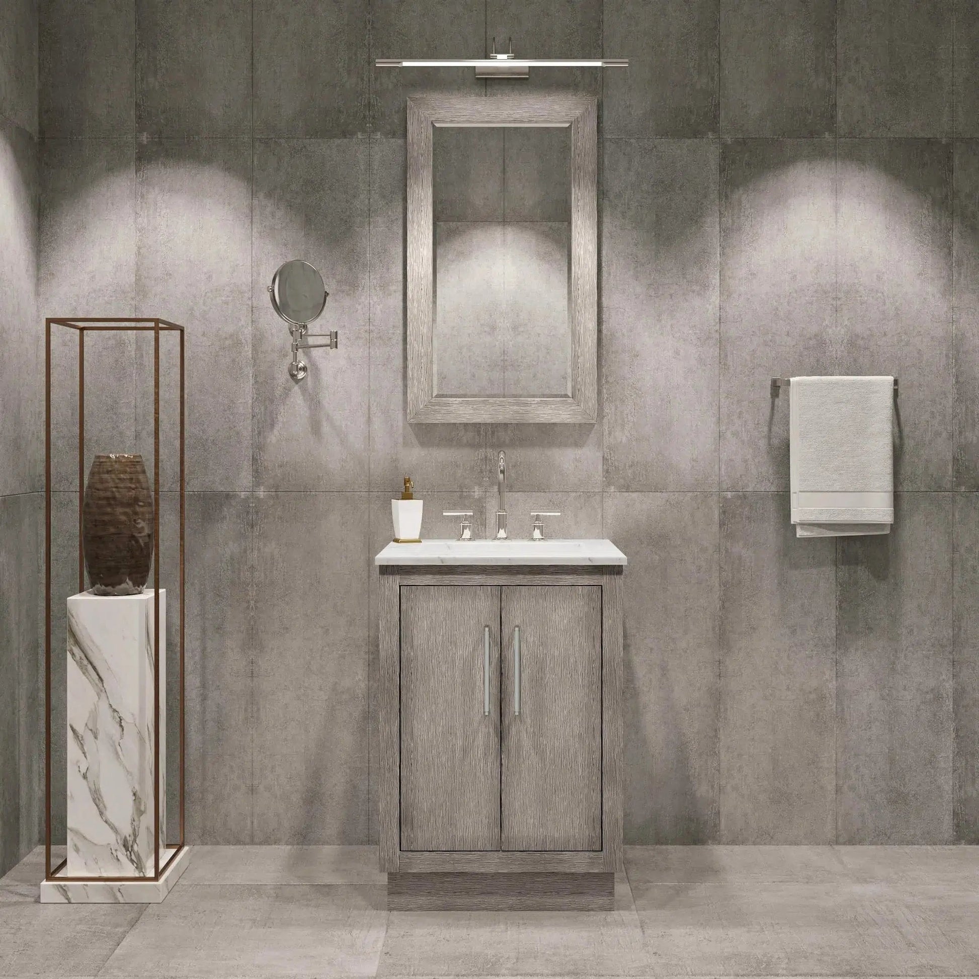 Water Creation Hugo 24" Single Sink Carrara White Marble Countertop Vanity with Chrome Pulls and Knobs with Gooseneck Faucet and Mirror